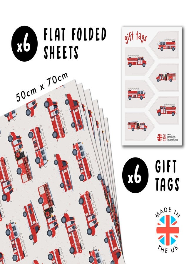 CENTRAL 23 Wrapping Paper For Boys - 6 Sheets Of Fun Birthday Gift Wrap - Fire Engine - Truck - Kids Wrapping Paper - Comes With Cute Stickers - Recyclable Christmas Wrapping Paper - Red White - Image 2